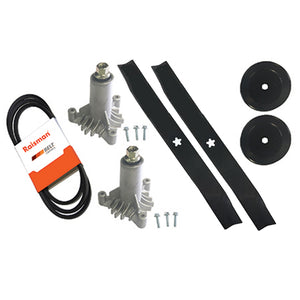 42" deck rebuild kit with 3-bolt spindles, mulching blades, belt, and pulleys for Poulan