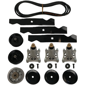 Complete 54 inch mower deck rebuild kit for Craftsman and Husqvarna tractors, includes spindles, blades, pulleys, and belt
