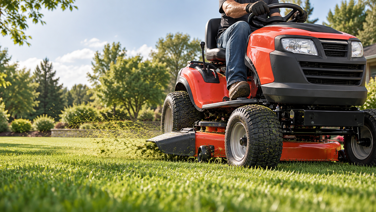 Riding lawn mower cutting grass