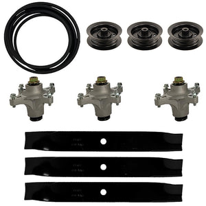 Complete deck rebuild kit for Toro 50 Inch TimeCutter with spindles, blades, belt, and pulleys