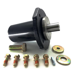 Complete spindle kit with hardware for Ariens Gravely mowers, includes blade bolt, pulley bolt, washers, woodruff key, and spacer